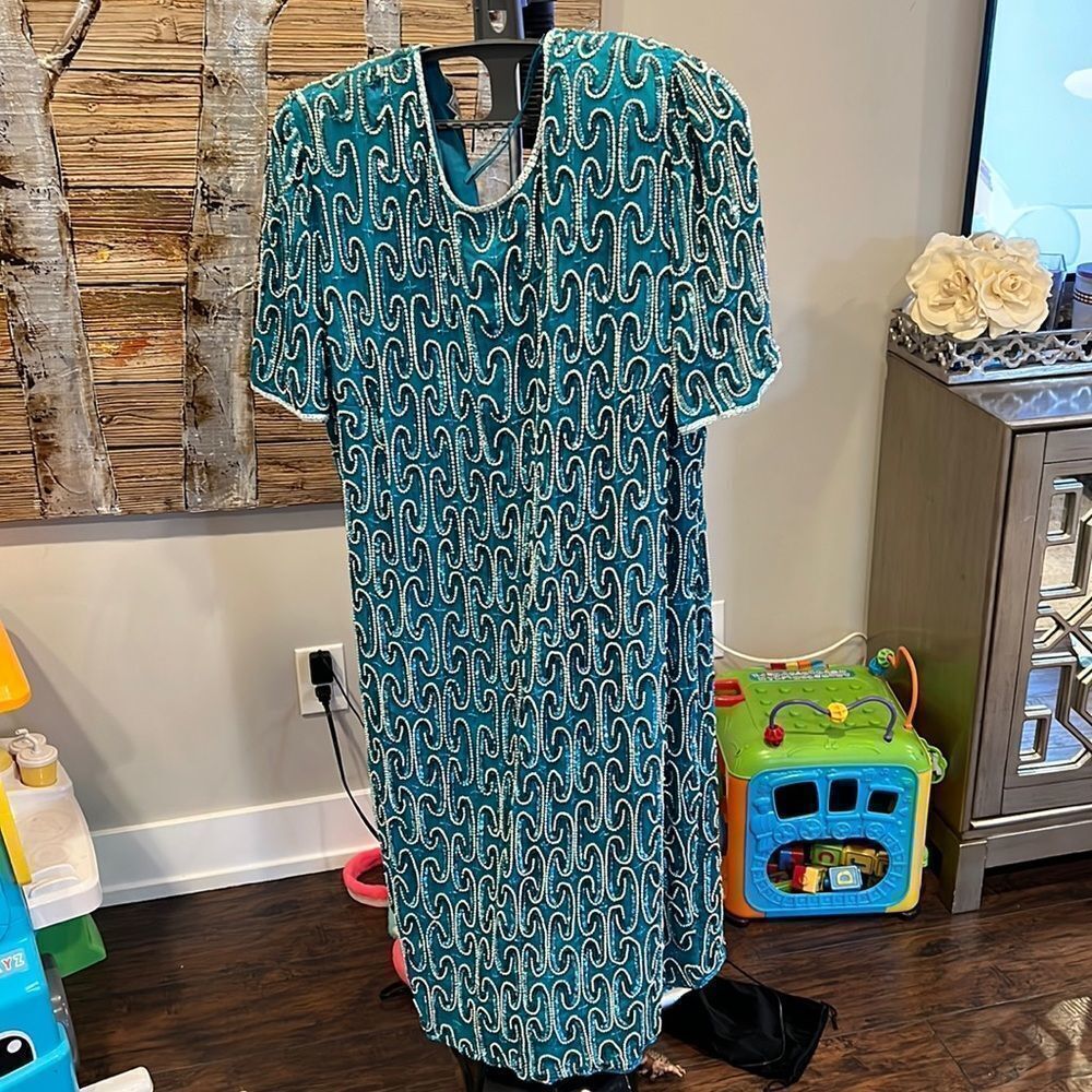 Vintage Stenay Plus Silk Teal Silver Sequin‎ Embellished MIDI Dress size 22 NWT